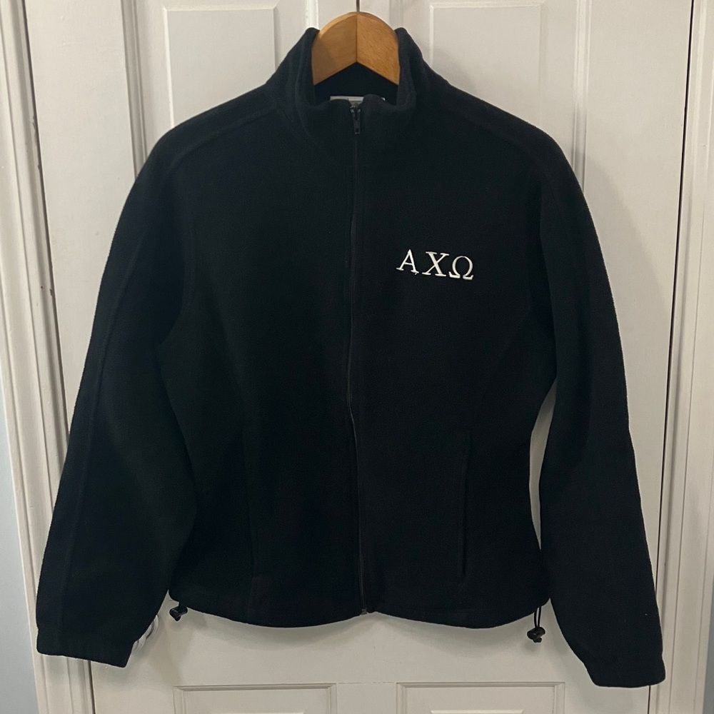 Alpha Chi Omega Sorority letters black full zip fleece coat size M front pockets